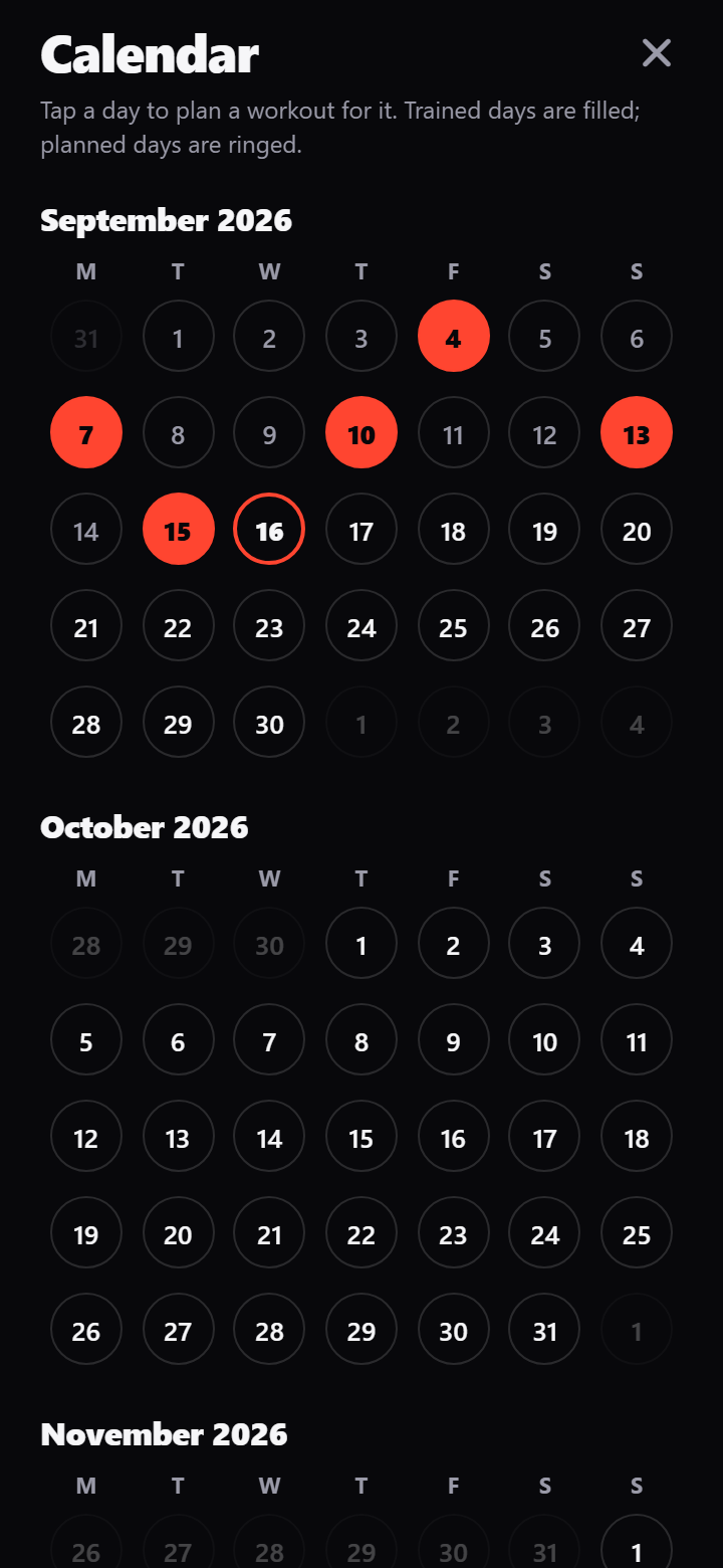 Calendar for planning workouts on chosen days