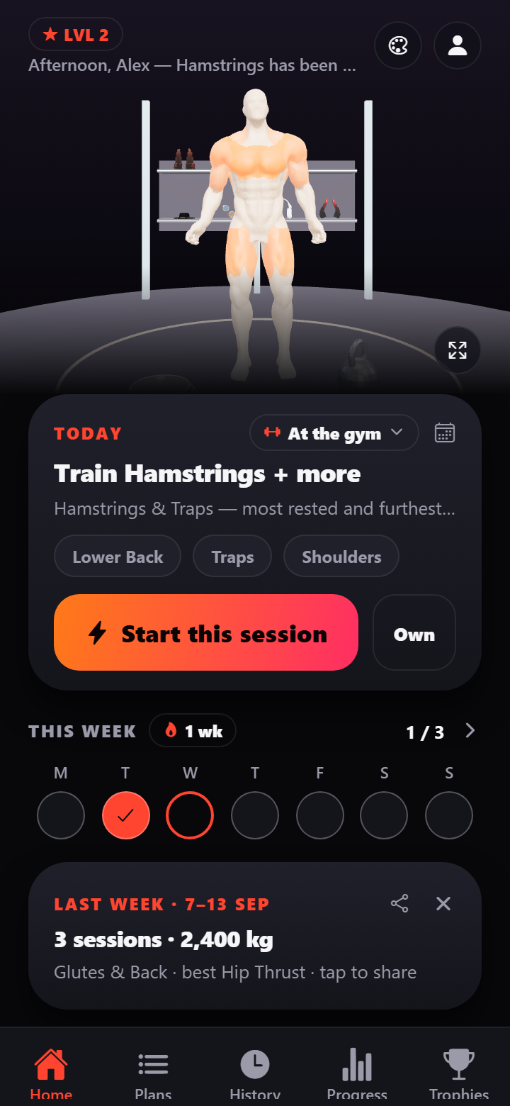 Home screen with the 3D body and today's session